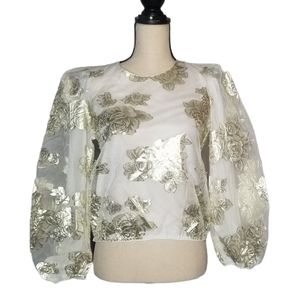 Aeom Gold & White Floral Applique Longsleeve Blouse Size Small NWT